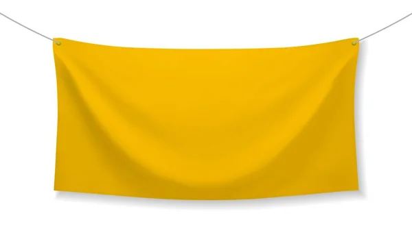 Bandiera Tessuto Giallo Con Pieghe Ombra Trasparente Isolata Sfondo Bianco — Vettoriale Stock