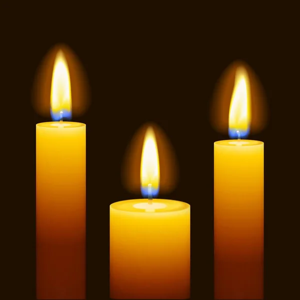 Set von drei brennenden Kerzen auf dunklem Hintergrund — Stockvektor