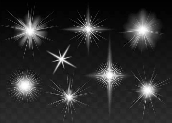 Koyu arkaplanda şeffaflık olan parlayan yıldızlar ve ışıklar — Stok Vektör
