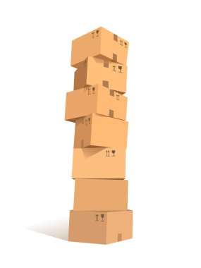 Karton kutular istiflenir. Sembollerle dolu paketler yığıldı. Broşür, poster, posta servisi, dünya çapında hizmet reklamı için grafik tasarım ögesi. Beyaz arka planda izole edilmiş. Vektör illüstrasyonu