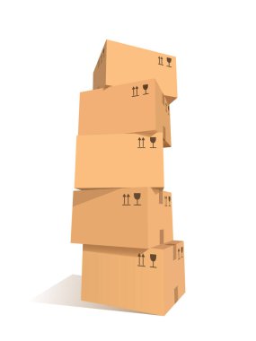 Karton kutular istiflenir. Sembollerle dolu paketler yığıldı. Broşür, poster, posta servisi, dünya çapında hizmet reklamı için grafik tasarım ögesi. Beyaz arka planda izole edilmiş. Vektör illüstrasyonu