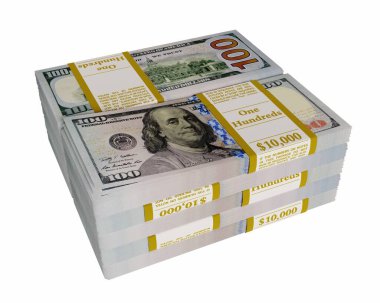 Beyaz arka planda izole edilmiş 3 boyutlu Amerikan doları yığını.