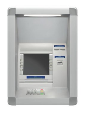 Beyaz arkaplanda izole edilmiş, kart okuyucusu ve ekranı olan bir ATM makinesi. Vektör illüstrasyonu
