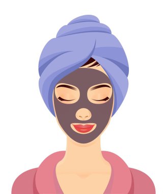Kız spa tedavisi görüyor. Havlu ve kömür maskeli gülümseyen bir kadın. Vektör illüstrasyonu beyaz arkaplanda izole edildi