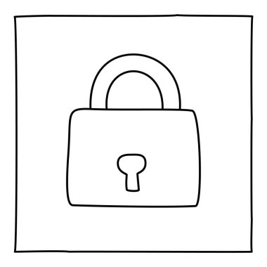 Doodle Asma Kilit simgesi veya logosu, ince siyah çizgili el çizimi.