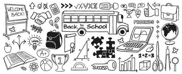 Terug naar School doodles banner, met de hand getrokken met dunne lijn — Stockvector