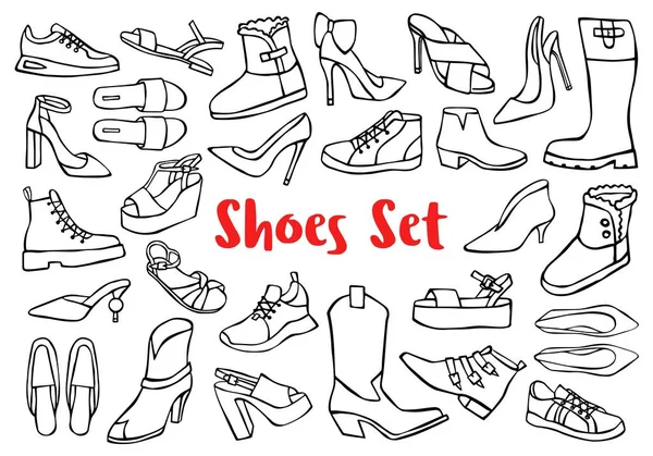 Chaussures doodle dessinées à la main, pompes, bottes, baskets isolées sur fond blanc — Image vectorielle