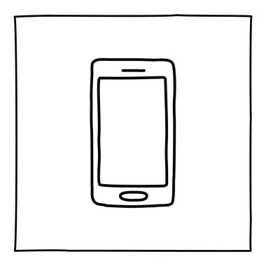 Doodle cep telefonu akıllı telefon simgesi veya logosu, ince siyah çizgili el çizimi.