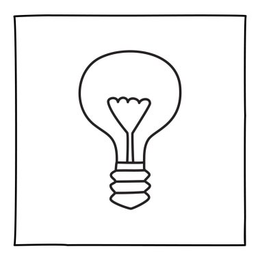 Doodle Ekonomik Ampul ikonu. Çerçeveli siyah beyaz sembol. Çizgi sanatı grafik tasarım elemanı. Web düğmesi. Beyaz arka planda izole edilmiş. Ekoloji, temiz teknoloji konsepti.
