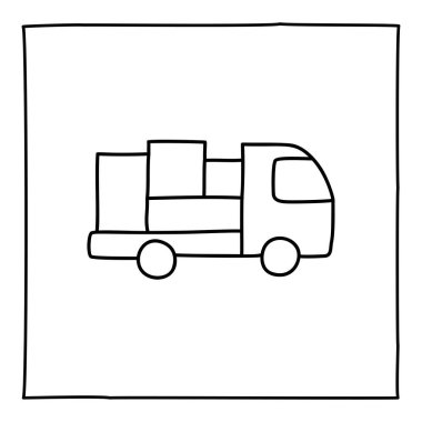 Doodle kamyon simgesi, el ince çizgi ile çizilmiş, beyaz arka plan üzerinde izole. Vektör çizimi.
