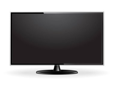 Gerçekçi modern TV ekranı, beyaz arka planda izole edilmiş görüntüler oluşturur. Büyük bilgisayar monitörü görüntüsü. Boş televizyon şablonu. Katalog için grafiksel tasarım ögesi, web sitesi, maket. Vektör illüstrasyonu