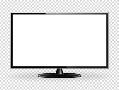 Gerçekçi düz ekran televizyon. Modern LCD duvar paneli, öncü tipi, beyaz arka planda izole edilmiş. Büyük bilgisayar monitörü görüntüleme modeli. Boş televizyon şablonu. Grafik tasarım elementi. Vektör illüstrasyonu
