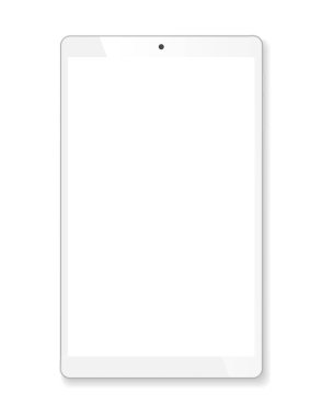 Gerçekçi tablet taşınabilir bilgisayar. Çağdaş beyaz alet. Katalog için grafik tasarım ögesi, web sitesi, boş model, gösteri şablonu. Beyaz arka planda izole edilmiş. Vektör illüstrasyonu.