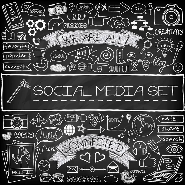 Sosyal Medya Icons kara tahta etkisi ile ayarla doodle — Stok Vektör