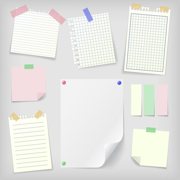 Post-it set of sticky notes and notebook paper