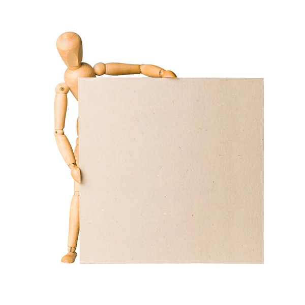 Wooden model dummy holding blank carton board — Stock Photo, Image