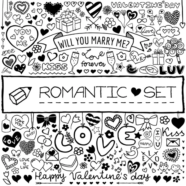 Set romantis Doodle - Stok Vektor