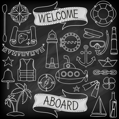 Doodle çizilmiş El deniz dekor seti.