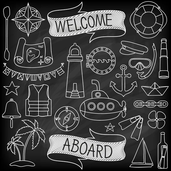 Doodle çizilmiş El deniz dekor seti.