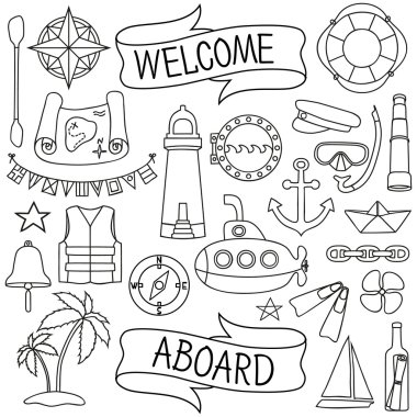 Doodle çizilmiş El deniz dekor seti.