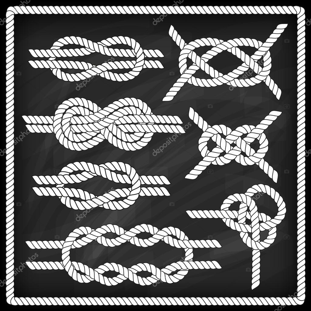 Sailor knot set. Chalk board effect. Corner element. Rope frame border. Tying the knot. Graphic design element for wedding invitations, baby shower, birthday card, scrapbooking, logo etc