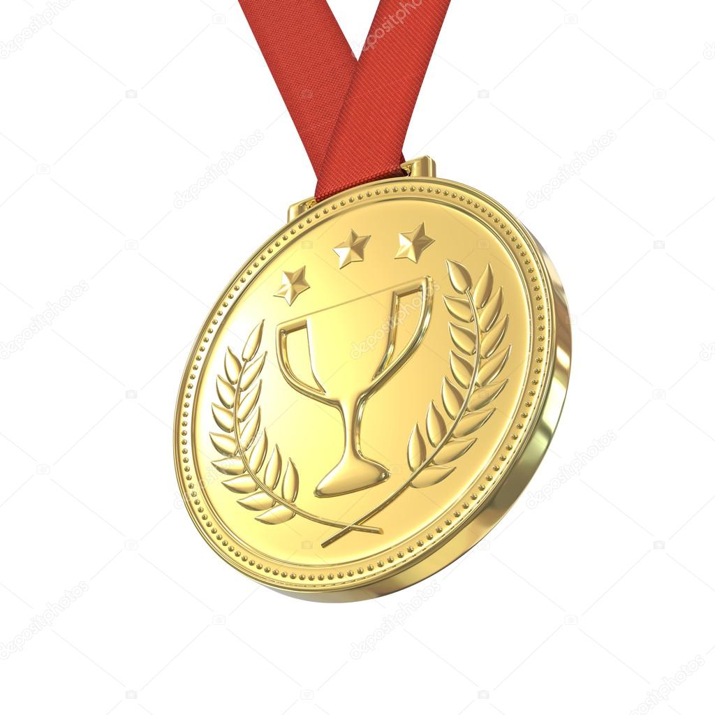 Gold medal with laurels , stars and cup. Round blank coin with ornaments. Victory, best product, service or employee, first place concept. Achievement in sports. Isolated on white background