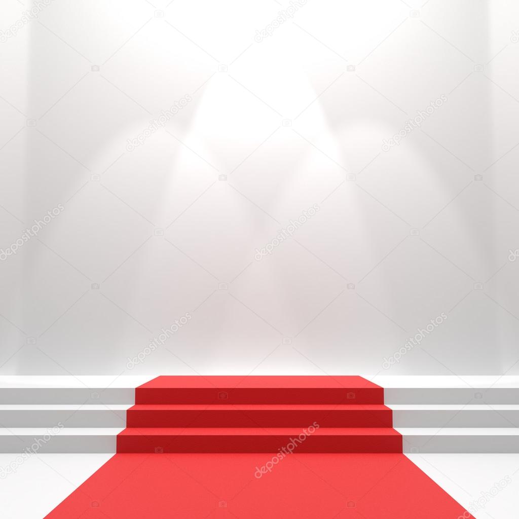 Red carpet on stairs. Empty white illuminated podium. Blank template illustration with space for an object, person, logo, text. Presentation, gala, ceremony, awards concept