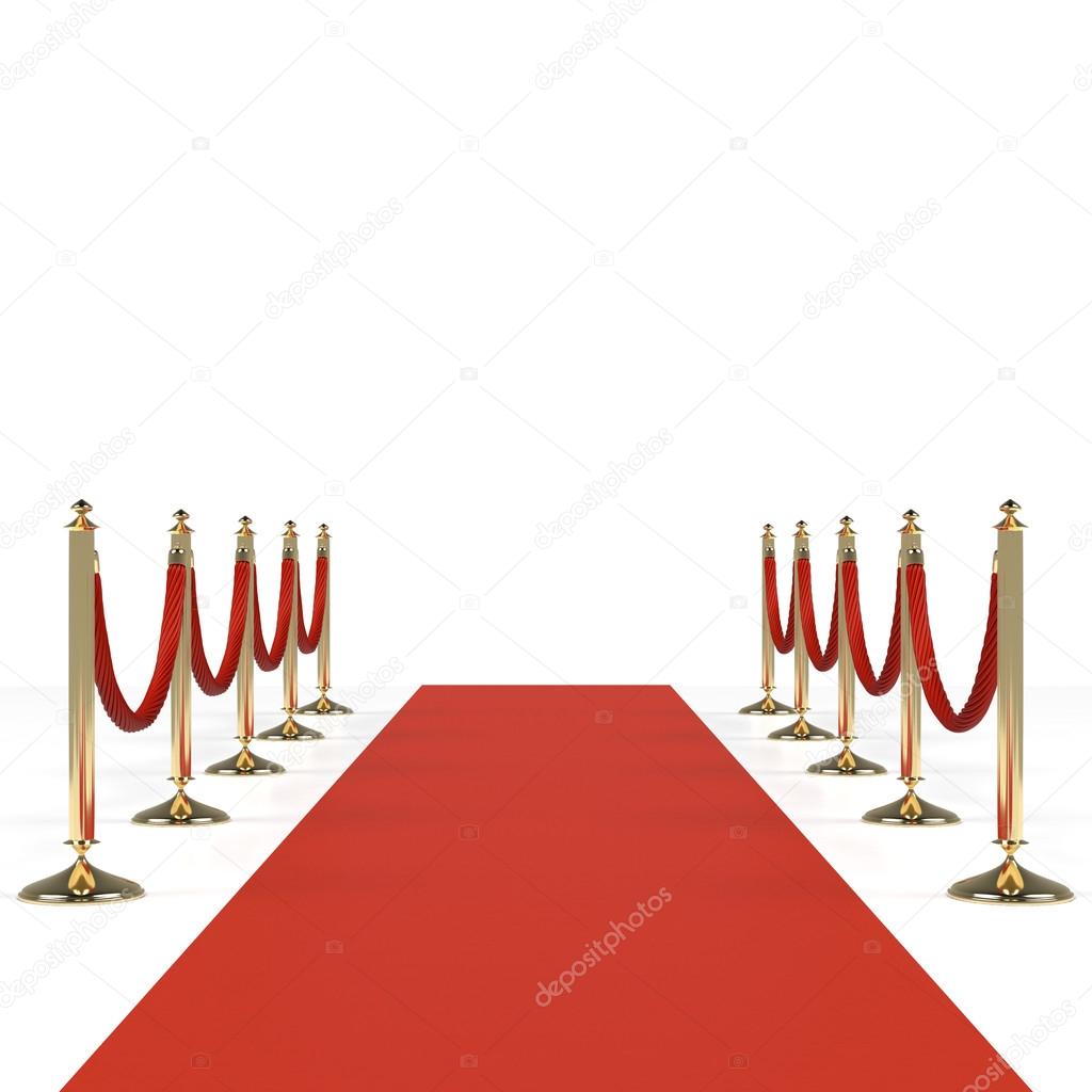 Red carpet with red ropes on golden stanchions. Exclusive event, movie premiere, gala, ceremony, awards concept. Blank template illustration with space for an object, person, logo, text