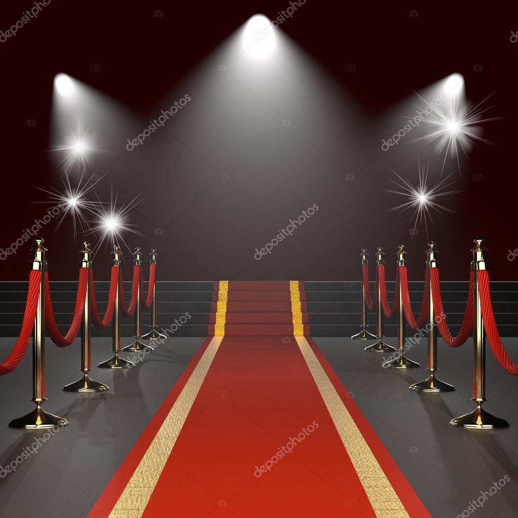 Red carpet with red ropes on golden stanchions. Exclusive event, movie premiere, gala, ceremony, awards concept. Blank template illustration with space for an object, person, logo, text
