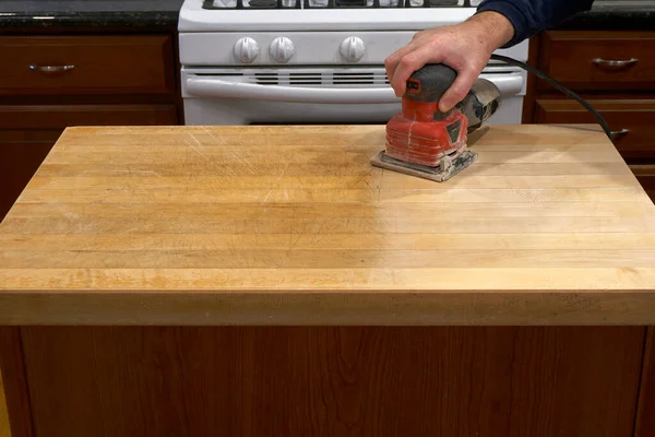 Refinishing Kitchen Counter Using Electric Sander — Stock Photo, Image