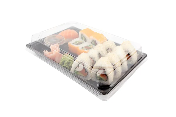 Caja de entrega de sushi sobre fondo blanco. Menú Japón en caja de transporte negra — Foto de Stock