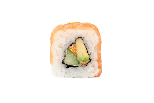 Rolos de sushi japonês fresco em um fundo branco — Fotografia de Stock