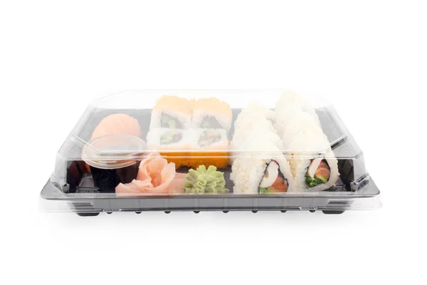 Caixa de entrega de sushi no fundo branco. Menu Japão em caixa de transporte preto — Fotografia de Stock
