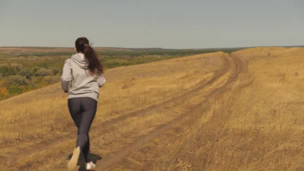 Sağlıklı güzel kız spor yapıyor, kırsalda koşuyor. Antrenman koşusu. Özgür genç bir kadın yazın parkta koşar. Koşucu kız temiz hava alır. — Stok video