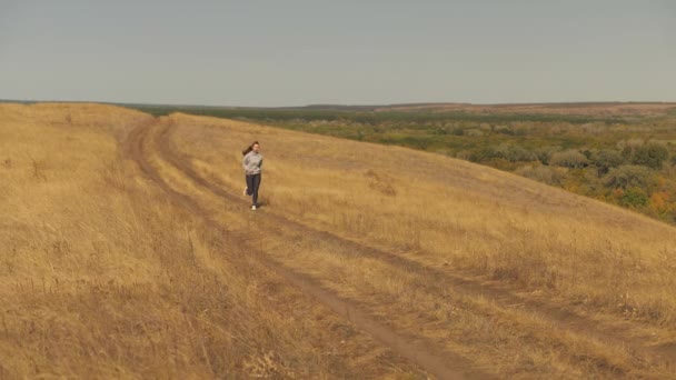 Egészséges gyönyörű lány részt vesz a fitness, kocogás az országban. edzés kocogás. Szabad fiatal nő fut nyáron parkban Jogger lány lélegzik friss levegőt — Stock videók