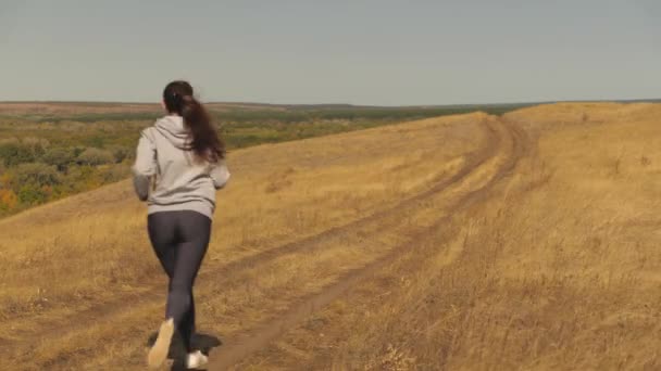 Genç bir atlet kadının, yolda hızla koşarken, antrenman yaparken, bir yarışma ya da maratona hazırlanırken bir sonraki çekimi. Spor giysili formalı kız tarlalarda koşuyor. — Stok video