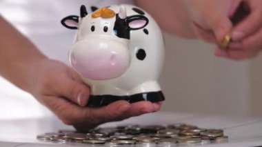 Domuz kumbarası beyaz boğa. Noel zamanı. 2021 yılbaşı. Boğa yılı. Kavram. Para biriktirmek bir yaşam biçimidir. Yakın plan.