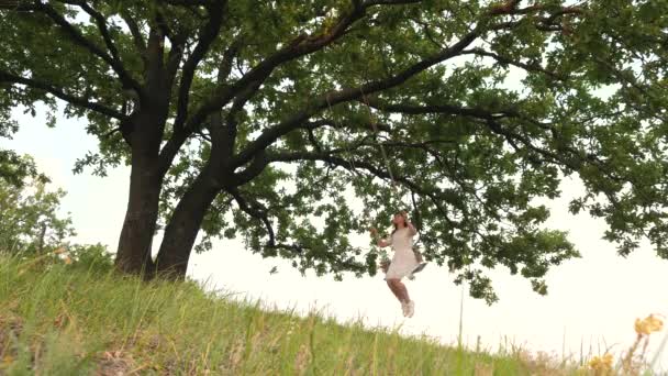 Happy girl swinging on a swing in the park. Free woman in flight with long beautiful hair. Slow motion — Stock Video