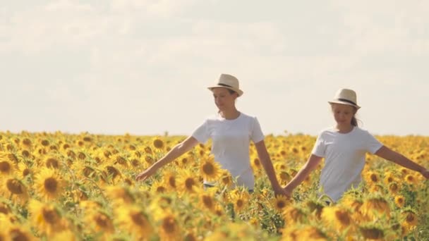 Tienermeisjes lopen over het veld met zonnebloemen en glimlach. Zomer wandelingen in bloemenbeplanting. Jeugd van boeren. Vriendinnen samen. Zaden telen voor het persen van plantaardige olie — Stockvideo