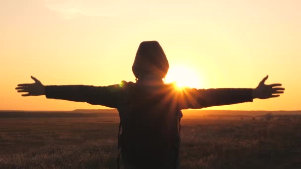 無料で幸せな男性観光客は、空の夕日で感動的な空気を楽しんで手を挙げた。人は自然界を一人で旅する。勝利を収め目標に到達した観光客 — ストック動画