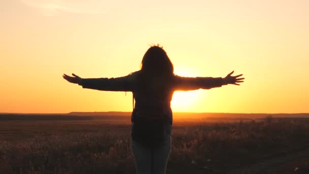 Vrije en gelukkige vrouwelijke toerist hief zijn handen op genietend van de inspirerende lucht bij zonsondergang aan de hemel. Een persoon reist alleen in de natuurgebieden. Een toerist die de overwinning heeft behaald en de — Stockvideo