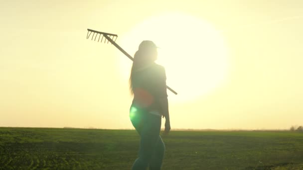 Eine Agronomin geht mit einer Harke auf den Schultern über ein Feld zur Arbeit, eine Bäuerin bei Sonnenuntergang, Morgengrauen am Himmel für das Leben in der Landwirtschaft, ein Geschäft mit Gemüse- und Obstanbau. — Stockvideo