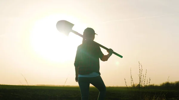 Een volwassen meisje boer loopt met een schop op haar schouder over het veld bij zonsondergang in de lucht, een zakenvrouw agronomist bij dageraad werkt in het veld, een man gaat naar de grond druppelen en planten zaailingen — Stockfoto