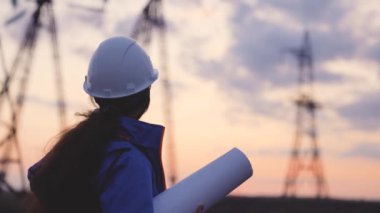 Kask siluetindeki elektrik mühendisi güneş batımında kulenin yanında elektrikle çalışıyor. İş enerjisi teknoloji endüstrisi konsepti. Elektrikçi yaşam tarzı üzerine okuma belgeleri okuyor