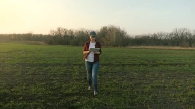 Tarımcı bir kadın tarlada yürüyor ve bir tablette çalışıyor, bir çiftçi yerdeki ekinleri analiz ediyor, sebze ve meyve ekinleri yetiştirmek için bir iş projesi, tarım hayatı.