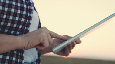 Tarladaki tarım teknolojisi ipad tarımsal kontrol kesinliği tarım tarım tarım tarım tarım iPad ekili soya tarlasında, modern teknolojiyi tarımsal faaliyete, seçici odaklanma