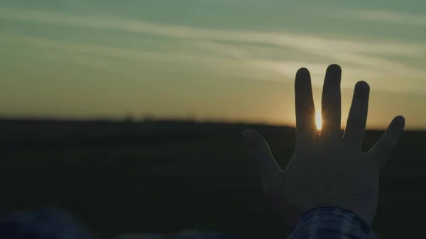 Hand van een gelukkig man bij zonsondergang. Zonsondergang tussen de handen. Dromerig strekt haar hand uit naar de zon. Childs droomhand aan de zon. gelukkig familieconcept — Stockfoto