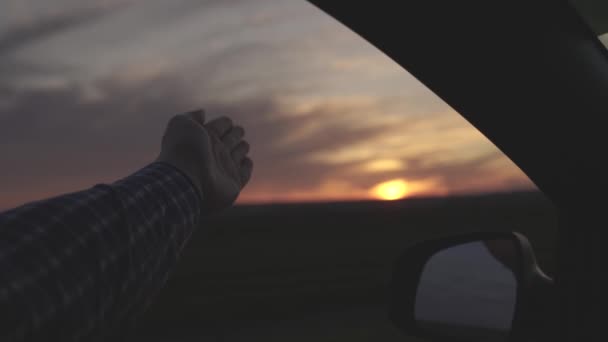 Un hombre viaja en coche con la mano por la ventana y coge el viento al atardecer, sentado detrás del volante de una máquina libre, va en un viaje de negocios, trabajo de negocios, libre circulación de transporte — Vídeos de Stock