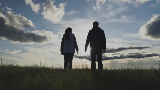 Hombre y mujer de pie al atardecer cogidos de la mano, trabajo en equipo, campo de la granja — Vídeos de Stock