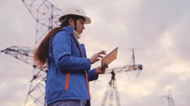 Yüksek gerilim santralinde çalışan bir mühendis gün batımında bir tablette çalışır, elektrik enerjisi tasarımı, endüstri konsepti, modern iş teknolojileri, bir elektrikçi bir cihaz üzerine bir proje okur.